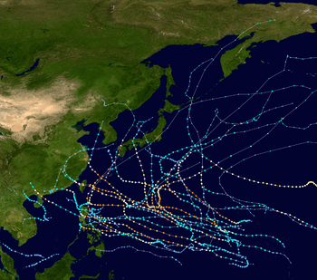 Map showing the paths of multiple storms represented by several dotted lines. Each dot denotes the storm's position at six-hour intervals, while its color denotes the storm's intensity at that position.
