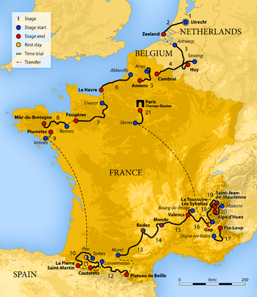 Map of France showing the showing the path of the race going counter-clockwise starting in the Netherlands, going through Belgium, then around France.