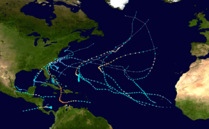 A map of the Atlantic Ocean depicting the tracks of sixteen tropical cyclones