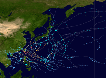 Map showing the paths of multiple storms represented by several dotted lines. Each dot denotes the storm's position at six–hour intervals, while its color denotes the storm's intensity at that position.