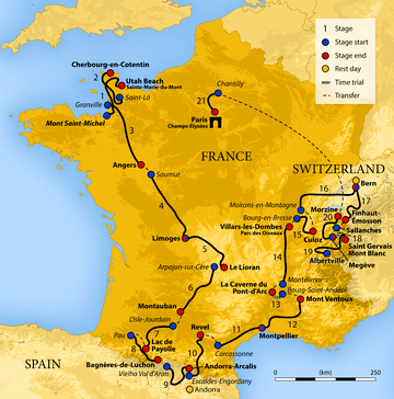 Map of France showing the showing the path of the race going counter-clockwise.