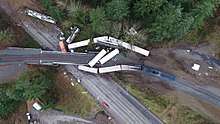 Aerial view of the wreckage after the derailment.