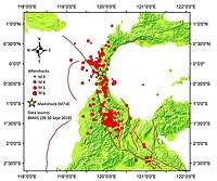 Locations of earthquakes and surface traces of main faults near the epicentre. The Palu-Koro fault is shown as two disconnected red lines indicated by arrows.