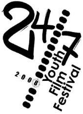 The logo for the 24/7 Youth Film Festival.  The image background is white.  Along the top run "24" and "7" with a dotted line between them.  Running up the right side of the image is the phrase "Youth film festival"