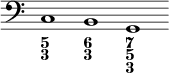 { \override Score.TimeSignature #'stencil = ##f \clef bass << { \cadenzaOn c1 b, g, } \figures { < 5 3 >1 < 6 3 > < 7 5 3 > } >> }