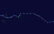 A track-map of a tropical depression moving from Vanuatu through the Southern Pacific Ocean