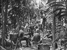 Soldiers sitting on stores boxes at a military camp surrounded by thick jungle