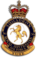 Crest of 36 Squadron, Royal Australian Air Force, featuring prancing horse in gold and the motto "Sure"