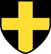 Resembling the flag of Saint David, a yellow cross on a black shield with a yellow border.