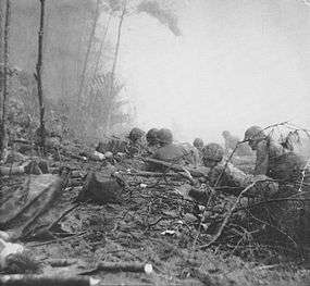 Marines lying prone on a beach at the edge of the jungle