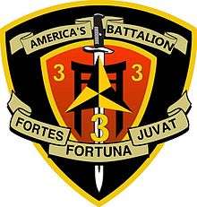 A black shield with a red interior and a gold border. On the top is written "America's Battalion" and on the bottom written "Fortes Fortuna Juvat." The red interior has three "3"'s in the center with a sword running through it with a caltrop.