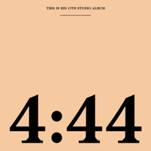 A peach background with "4:44" in a large black typeface at the bottom and "THIS IS HIS 13TH STUDIO ALBUM" at the top much smaller