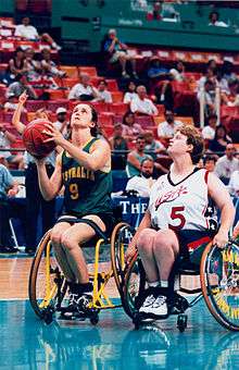 Women competing in wheelchair basketball