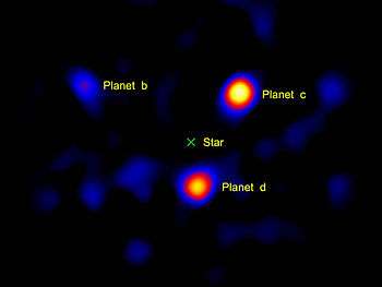 False-color, star-subtracted, direct image using a vortex coronagraph of 3 exoplanets around star HR8799