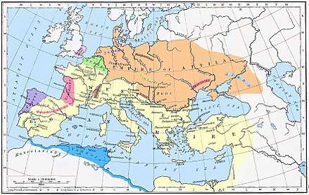 A colored drawing of Europe, showing the states at the time of Attila by different colors, with the Roman Empire in yellow, the Hunnic Confederation in orange, the Vandal Kingdom in blue, the Franks in green, the Goths in pink, the Sueves in purple, the Saxons in light pink, the Burgundians in brown, the Lombards in bright yellow, and the Alans in light blue.