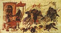 Medieval miniature showing cavalry sallying from a city and routing an enemy army