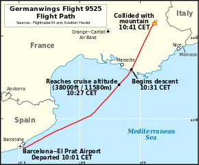 A map of the Mediterranean Sea, off the cost of Spain and France, with a red line connecting Barcelona on the left to a crash mark in the upper right, just north of the French coastline