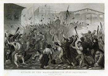A black and white lithograph depicting a formation of militia soldiers with bayonets fixed surrounded by rioters