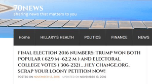 A screenshot of a fake news story, falsely claiming Donald Trump won the popular vote in the 2016 United States presidential election