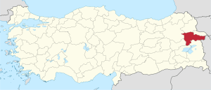 Ağrı highlighted in red on a beige political map of Turkeym
