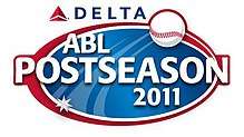 A blue oval with a white and red double border. The text "ABL POSTSEASON 2011" in white, a baseball above and a seven-pointed star superimposed on the oval. The word "DELTA" in blue written above the oval.
