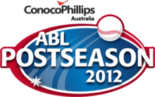 A blue oval with a white and red double border. The text "ABL POSTSEASON 2012" in white, a baseball above and a seven-pointed star superimposed on the oval.
