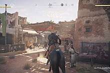 The player character riding a horse in a village, with NPCs around.