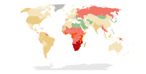  A map of the world where most of the land is colored green or yellow except for sub Saharan Africa which is colored red