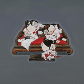 A Faint Fragrance, oil on canvas, painting by Han Yajuan, depicting three fancy Chinese cartoon style girls having fun.