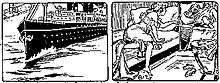 Two panels from a comic strip.  In the first panel, a nurse watches as a young boy urinates, and an ocean liner tavels through the mass of urine.  In the second panel, the nurse awakens in her bed to the child's crying.