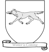 A coat of arms showing a gray wolf on a white field.
