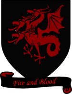 A coat of arms showing a red three-headed dragon on a black field over a scroll reading "Fire and Blood."