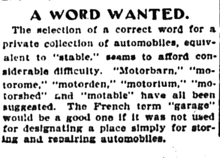 A 1901 newspaper article discussing a name for a private place to store automobiles