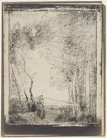 Cliché verre print of a young woman holding a child in her arms with trees either side and open countryside in the background
