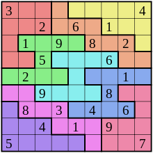 A Sudoku puzzle grid with many colours, with nine rows and nine columns that intersect at square spaces. Some of the spaces are filled with a digit; others are blank spaces to be solved.