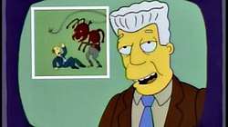 A scene of news anchor Kent Brockman announcing his surrender due to the belief that Ants taking over the world