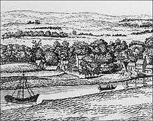 Black and white sketch of the banks of the River Clyde in the eighteenth century showing a hill upon the bank
