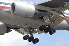 Aircraft belly section. Close view of engines, extended landing gear and angled control flaps.