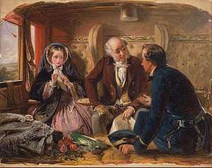 Painting shows a first class railway carriage.  A young man and an older man talk as a young woman looks on.