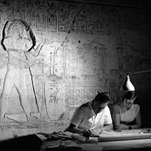 Geneva architect, Jean Jacquet, a Unesco expert, makes an architectural survey of the Great Temple of Rameses II ( 1290 - 1223 B.C.).