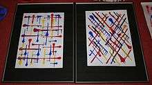 Two paintings (portrait orientation) are side-by-side with the only marks being thick lines that terminate with a sizeable dot of blue, yellow, or red. The left one has lines vertical/horizontal and he right one has lines diagonally.