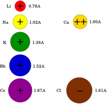 Seven spheres whose radii are proportional to the radii of mono-valent lithium, sodium, potassium, rubidium, cesium cations (0.76, 1.02, 1.38, 1.52, and 1.67 Å, respectively), divalent calcium cation (1.00 Å) and mono-valent chloride (1.81 Å).