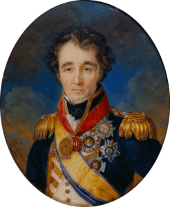 Oval painting of a hatless man with curly hair and thick eyebrows. He wears a blue naval uniform with a white waistcoat, gold sash and epualettes, and a number of decorations.