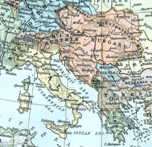 A colored map showing the Adriatic Sea and parts of the Mediterranean Sea in light blue. Italy is shown in yellow, Austria-Hungary is shown in orange, Germany is shown in blue, while the Ottoman Empire is shown in brown. Other smaller nations present on the map are Serbia, Romania, Greece, Montenegro, Bulgaria, Belgium, and Switzerland. Parts of France, Russia, and North Africa are also shown.