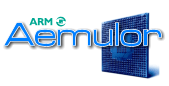 A logo consisting of turquoise text reading ARM above larger blue text reading Aemulator. A stylized picture of a blue square circuit board is behind the text