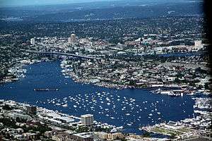 Aerial view of Lake Union on July 4, 2011, with numerous boats gathered for the July 4 fireworks show.