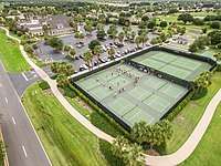 Aerial view of a pickle ball courts.