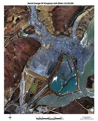 Aerial photo of pollution caused by leaking sludge storage pond