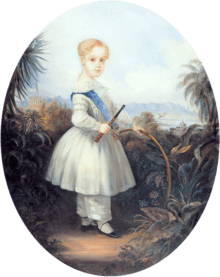 full-length oil portrait of the Prince Imperial as a blond-haired child in a white short frock and official blue sash worn over white pantaloons and holding a stick and hoop