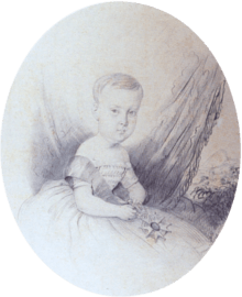 A half-length portrait sketch showing the Prince Imperial as a child in a gown with sash and holding the medal of the Order of the Southern Cross